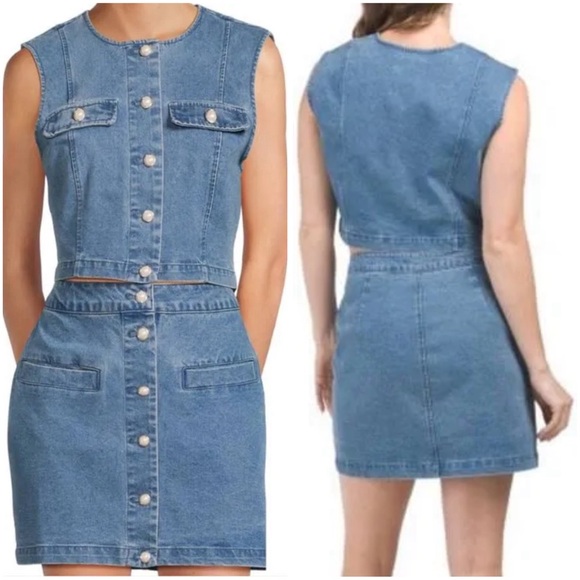 House of Harlow 1960 Dresses & Skirts - House Of Harlow 1960 Pearl Buttons Coquette Denim Vest & Skirt Cord Set SZ 6